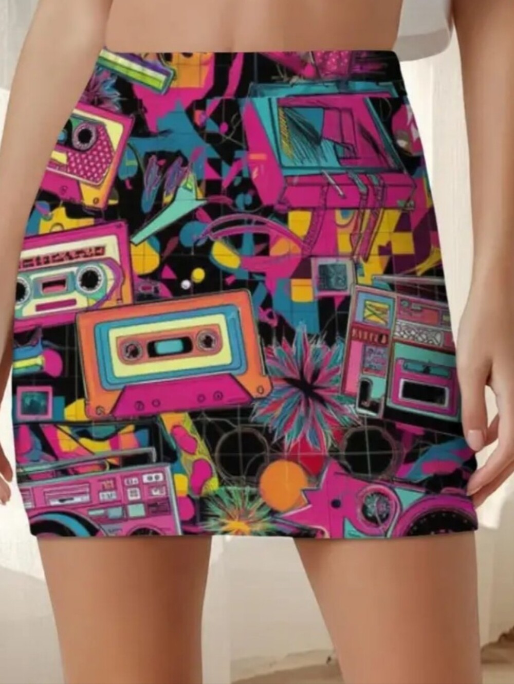 Neon Retro Cassette Print Mini Skirt - Vibrant Multi